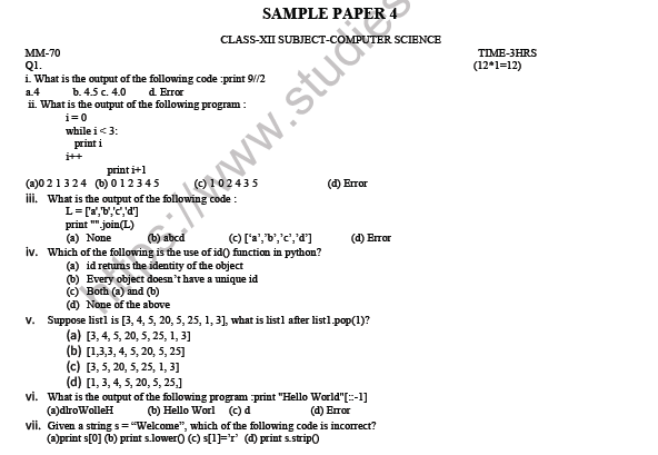 CBSE Class 12 Computer Science Sample Paper 4